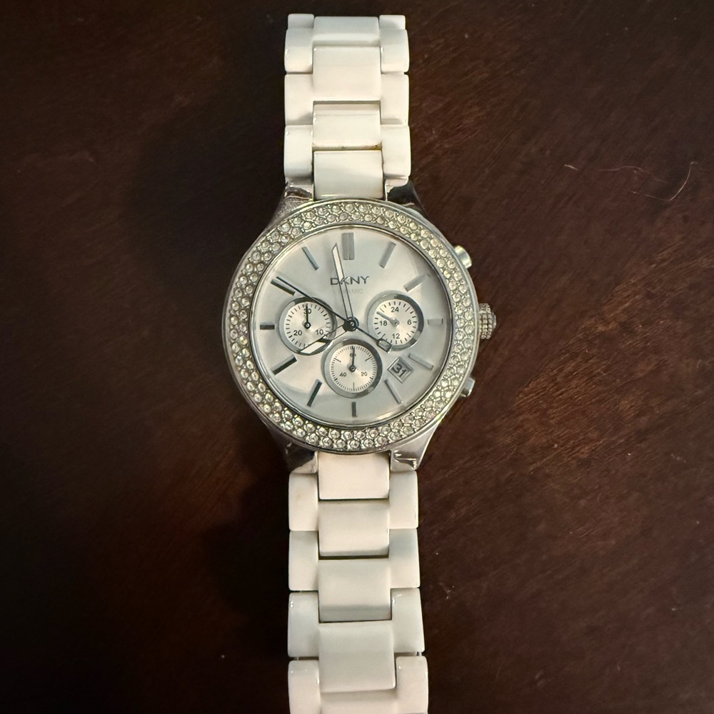 DKNY Silver and White Ceramic Watch